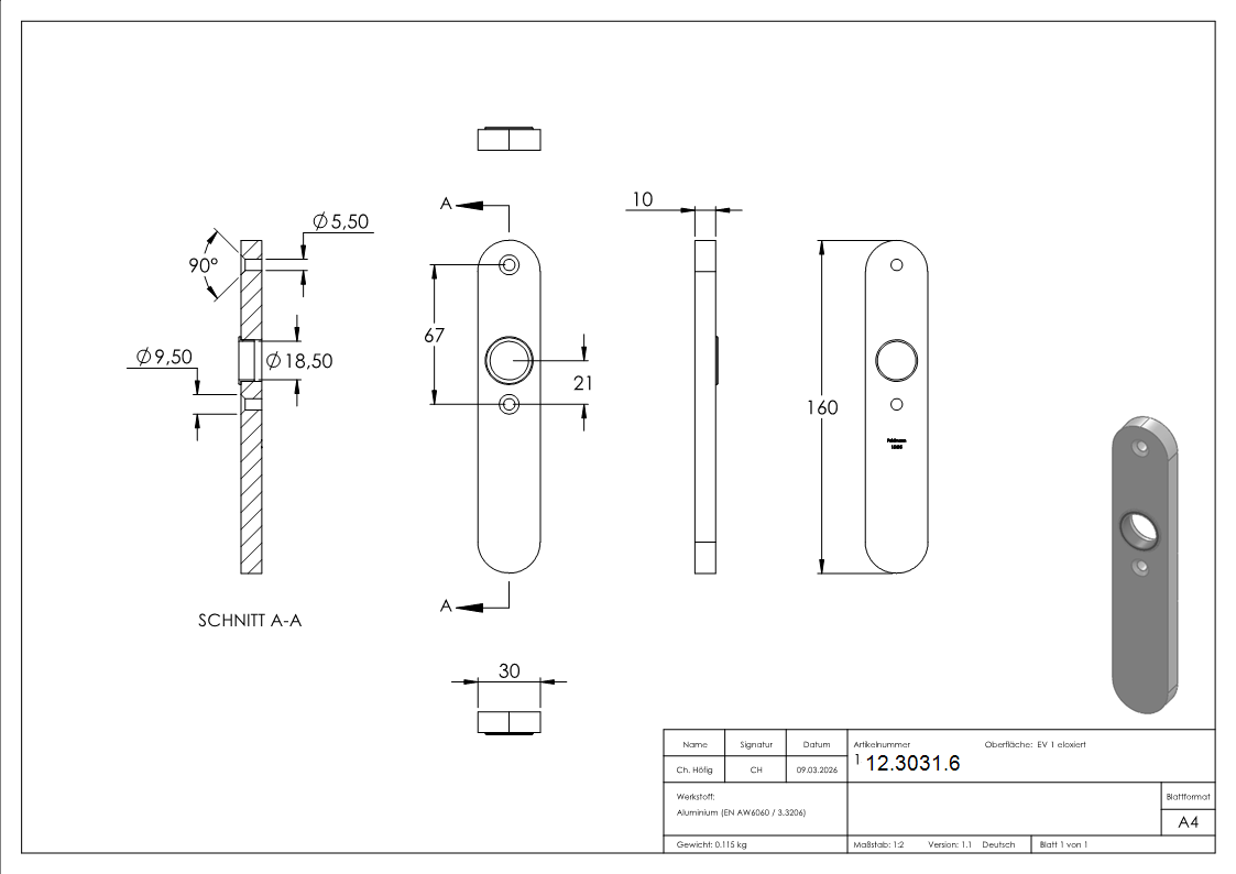Alu-Kurzschild - Masse- 32x156x7 mm - Aluminium EV1-12-3031.6
