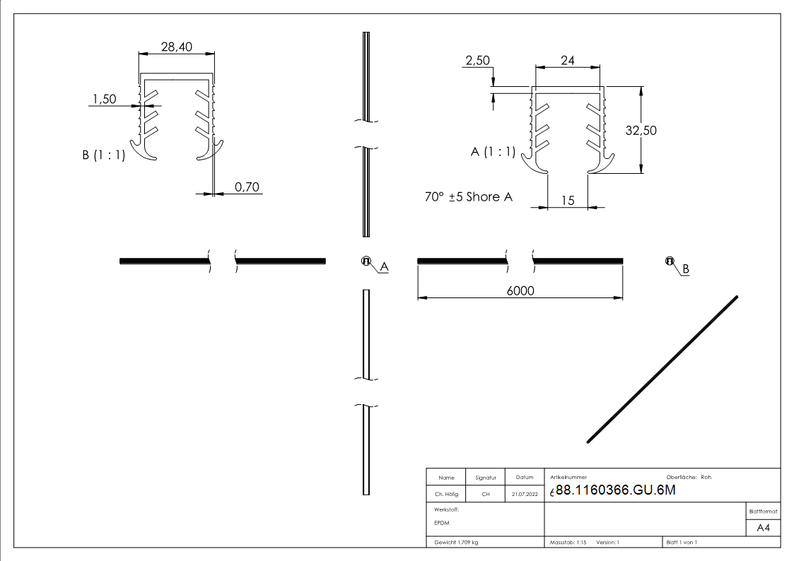 Keildichtung EPDM fuer Glas 16-76–17-52 mm- Nut 27x30 mm- L = 6000 mm-88-1160366-GU.6M