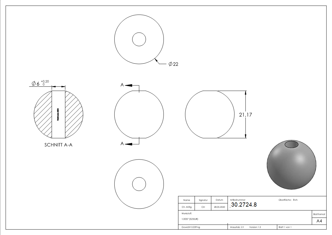 Annietkugel - Ø 22 mm Kopf - Ø 6 mm Bohrung - Stahl S235JR- roh-30-2724.8