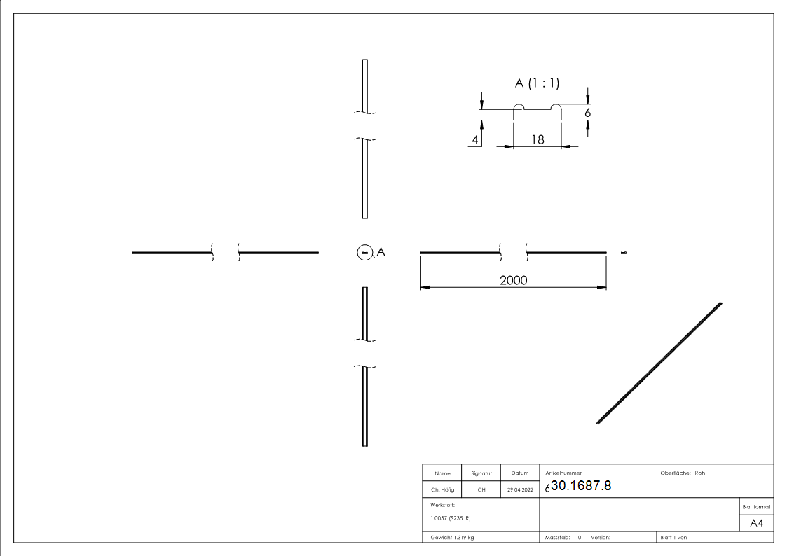 Bundmaterial - Masse- 18x6x4 mm - Laenge- 2000 mm - Stahl S235JR- roh-30-1687.8