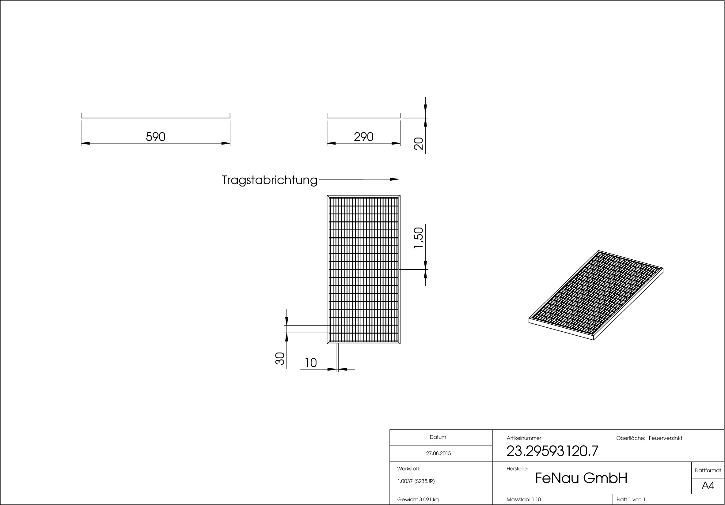 Lichtschachtrost Baunormrost - Masse-  290x590x20 mm 30-10 mm - aus S235JR -St37-2- im Vollbad feuerverzinkt-23-29593120.7