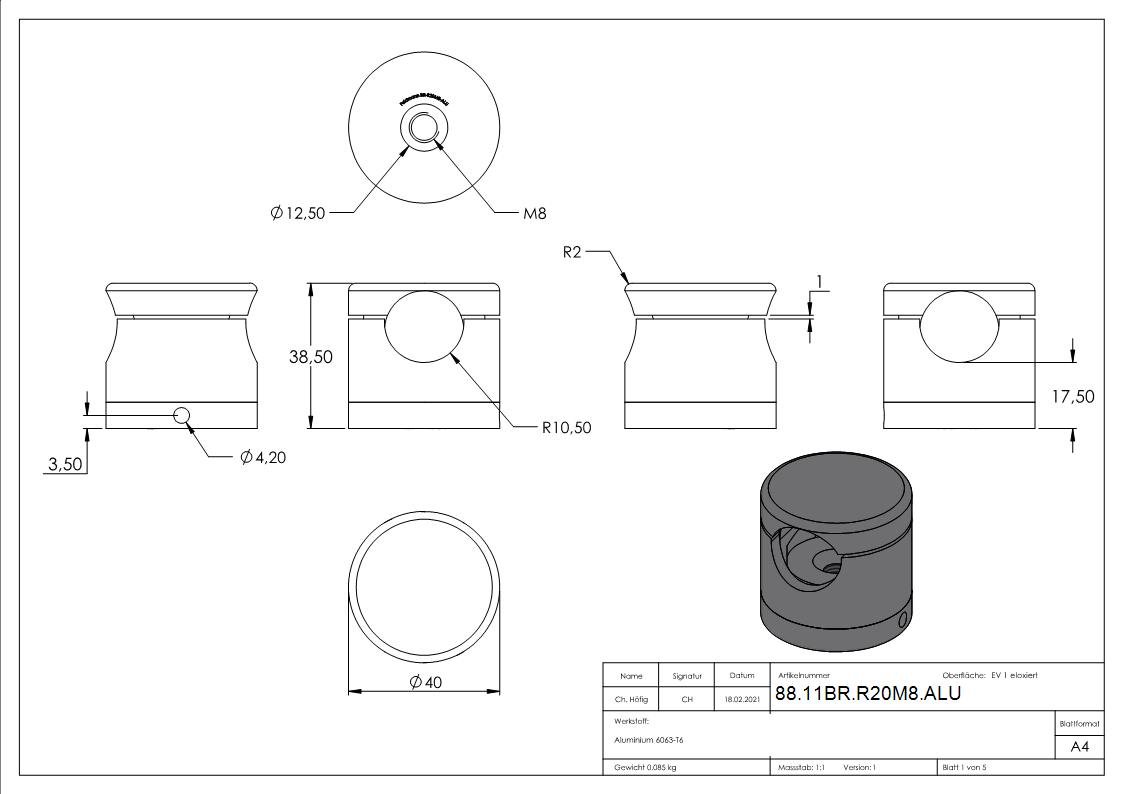 BRENK-fix® Grundhalter fuer Staebe Ø 20mm- ALU-88-11BR-R20M8.ALU