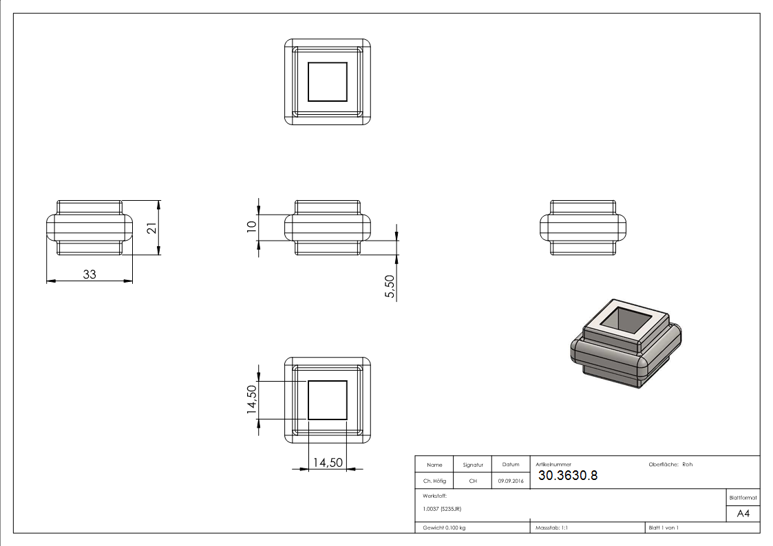 Zierhuelse - Masse- 38x22 mm - Lochung- 14-5x14-5 mm - Stahl S235JR- roh-30-3630.8