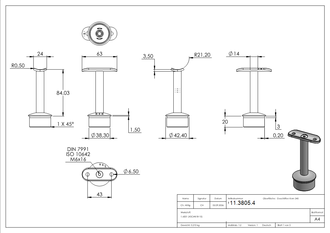Handlaufstuetze V2A fuer 42-4x2-0 mm mit Halteplatte fuer Ø 42-4 mm-11-3805.4