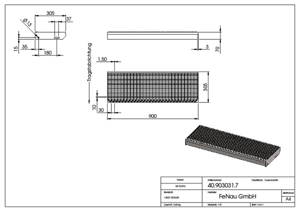 Gitterroststufe Treppenstufe Masse- 900x305 mm 30-10 mm S235JR -St37-2- im Vollbad feuerverzinkt-40-903031.7