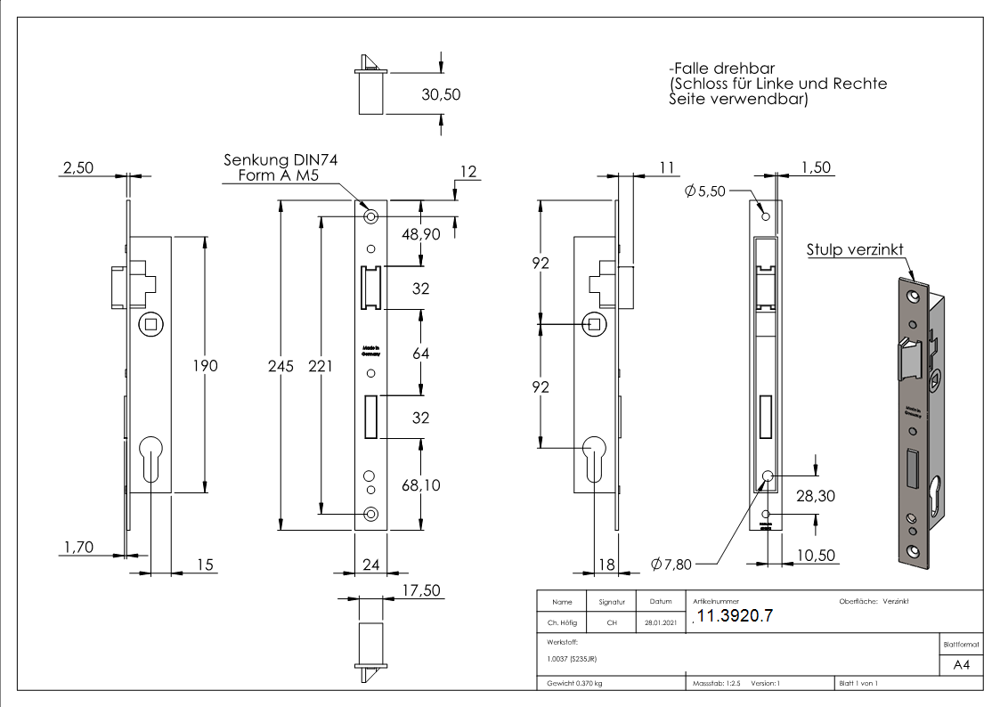 Rohrrahmenschloss verzinkt- Abstand 92 mm- Dornmass 18 mm-11-3920.7