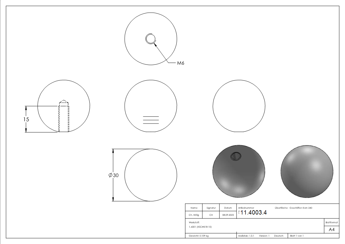Vollkugel - Ø 30 mm - mit Gewinde M6 - V2A-11-4003.4