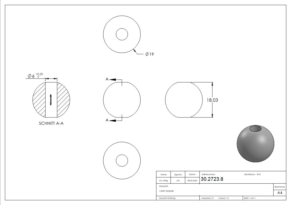 Annietkugel - Ø 19 mm Kopf - Ø 5 mm Bohrung - Stahl S235JR- roh-30-2723.8