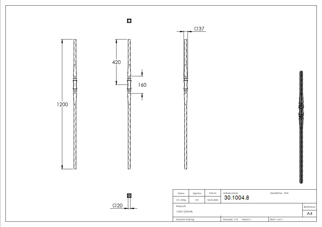 Anfangsstab Laenge- 1200 mm Material- 20x20 mm Stahl S235JR- roh-30-1004.8