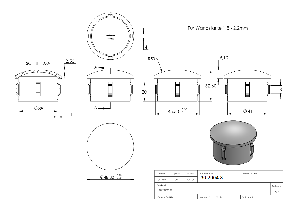 Stahlstopfen - leicht gewoelbt - fuer Ø 48-3x1-8-2-2 mm - Stah S235JR- roh-30-2904.8