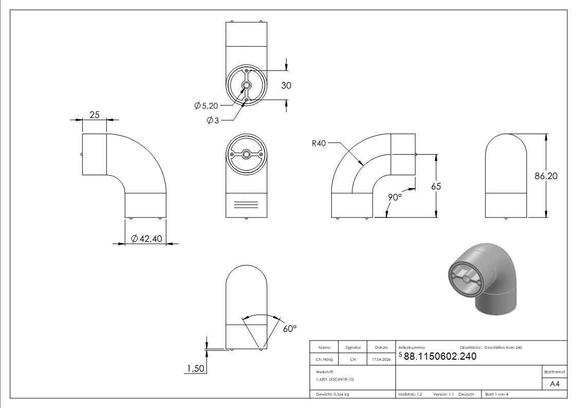 Rohrbogen 90° Edelstahl V2A Ø 42-4 mm geschliffen fuer Holzhandlauf inkl- Adapter-88-1150602.240