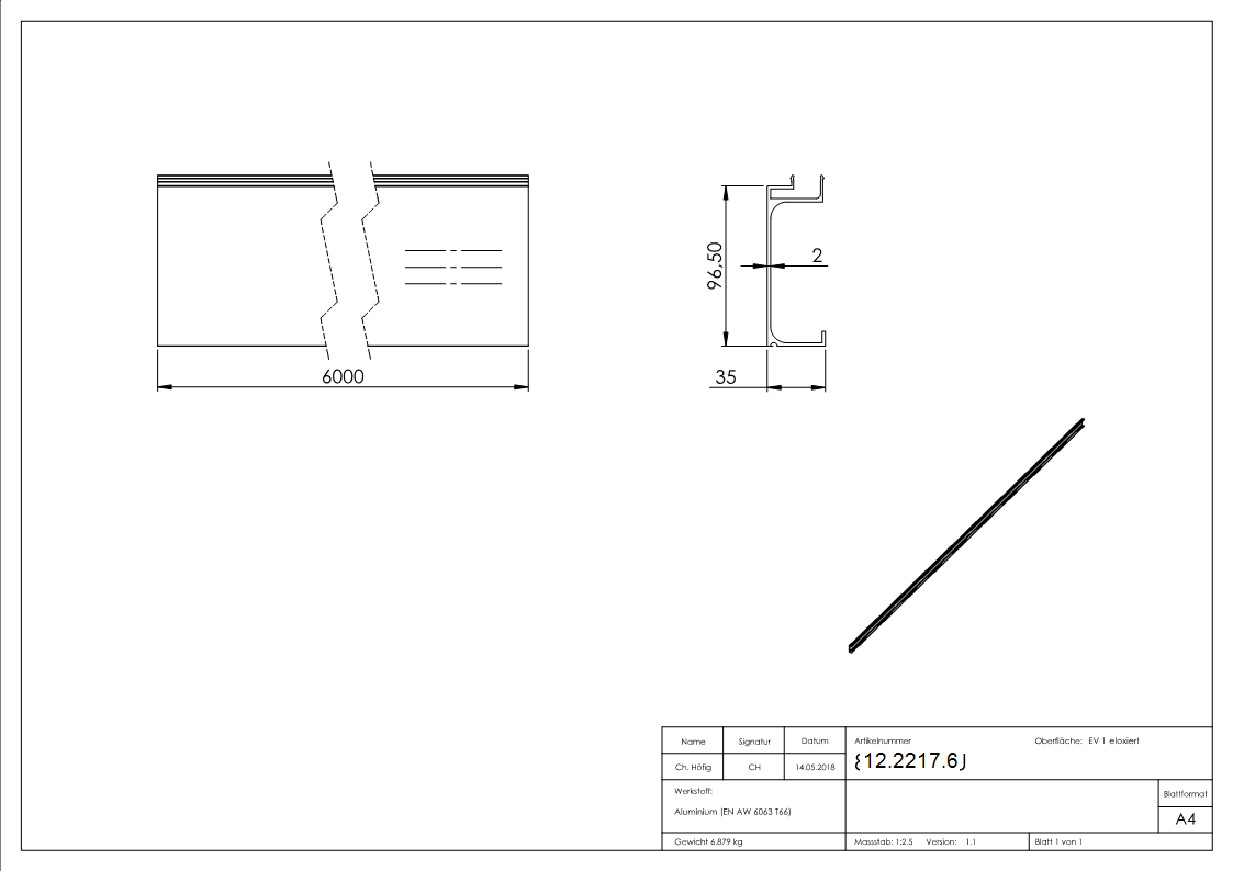 Abdeckung fuer Alu-Profil Ganzglasgelaender seitliche Montage 6000mm KOMPAKT-12-2217.6