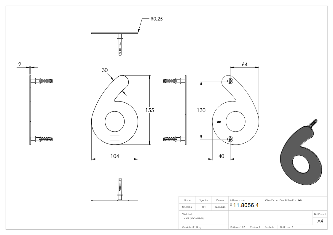 Hausnummer 6 - klein - Masse- 110 mm x 150 mm - V2A-11-8056.4