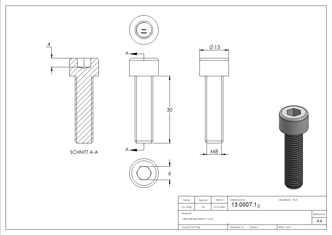 Zylinderkopfschraube V4A M8x30 Innensechskant DIN 912-13-0007.1