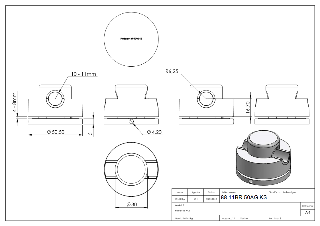 BRENK-fix® Halter Ø 50mm- Kunststoff- anthrazitgrau 4 Stueck-88-11BR-50AG.KS