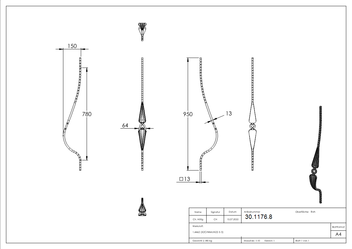 Bauchstab - Laenge- 945 mm - Material- 13x13 mm - Stahl S235JR- roh-30-1176.8
