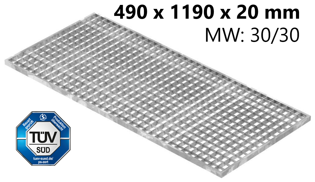 Lichtschachtrost Baunormrost - Masse-  490x1190x20 mm 30-30 mm - aus S235JR -St37-2- im Vollbad feuerverzinkt-23-491193020.7