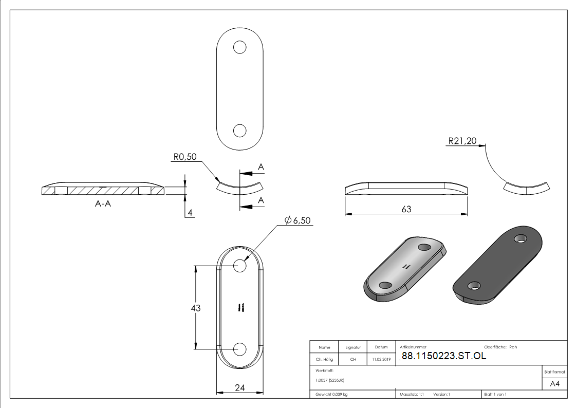 Handlaufanschlussplatte Stahl Ø 42-4 mm- 64 x 24 x 4 mm- ohne Mittelbohrung-88-1150223-ST.OL
