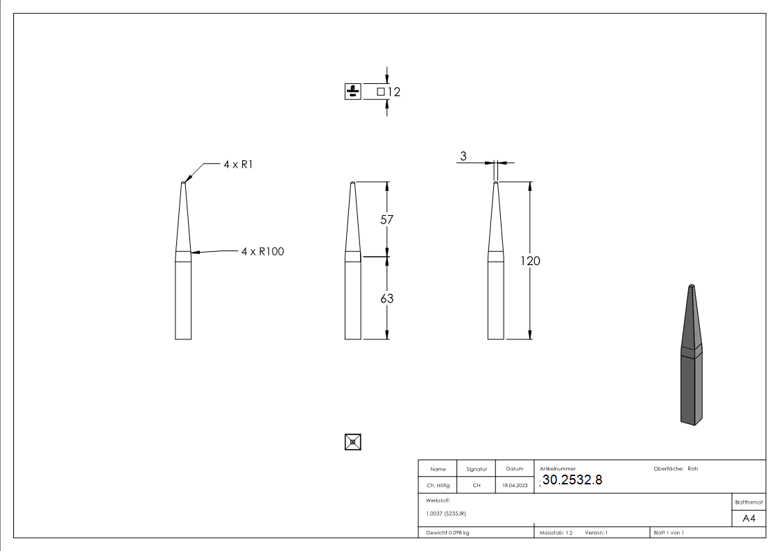 Zaunspitze 12x12 mm Hoehe 120 mm - Stahl S235JR- roh-30-2532.8