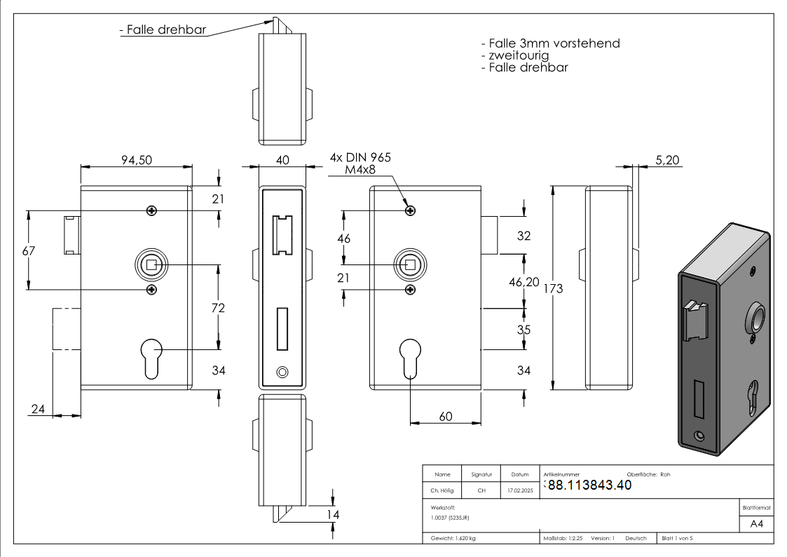 Kastenschloss verzinkt 40 x 94-5 x 173 mm Stulp Riegel Falle verzinkt-88-113843.40
