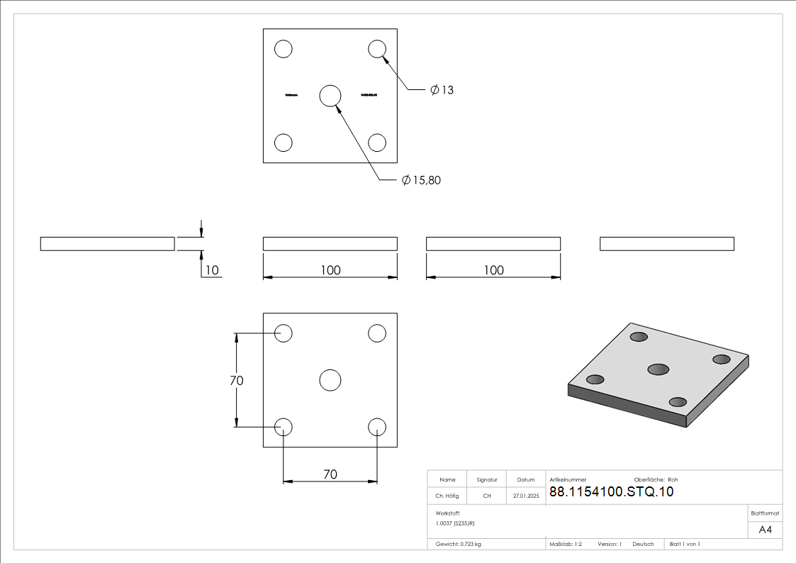 Ankerplatte Stahl roh 100 x 100 x 10 mm mit 4 Bohrungen Ø 13 mm-88-1154100-STQ.10