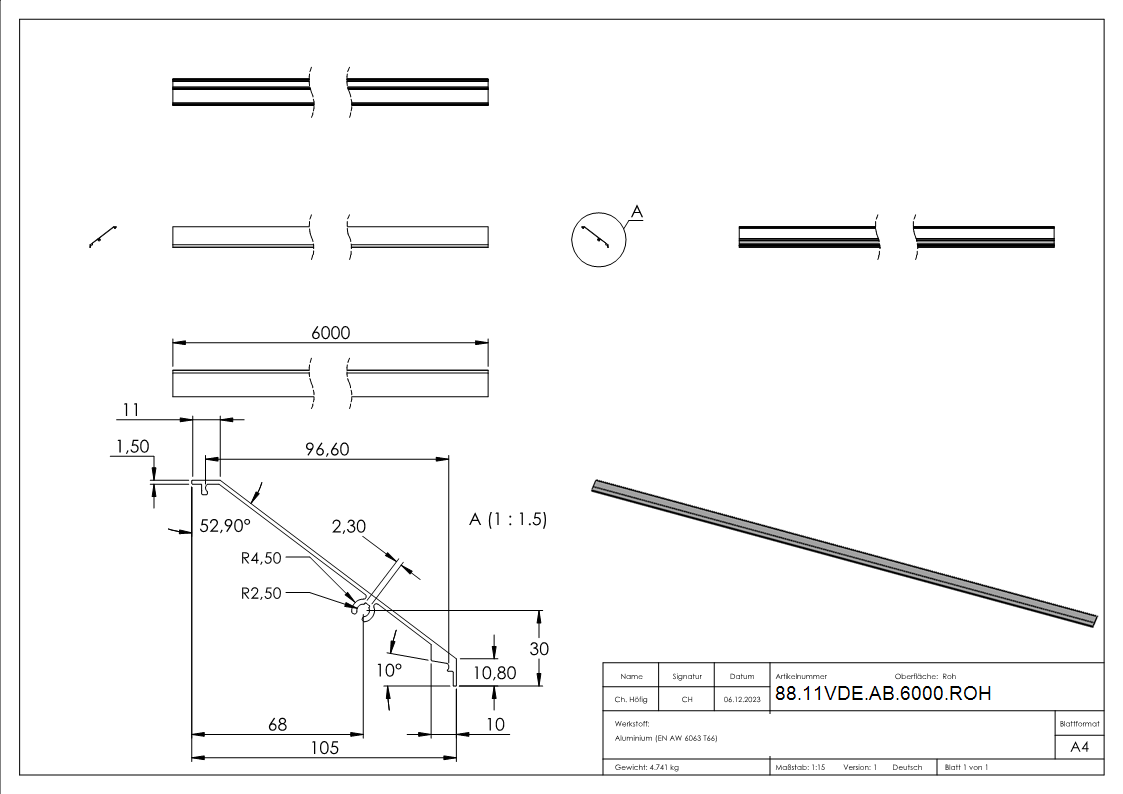 Abdeckung Aluminium L = 6000 mm roh fuer Vordach-Profil eleganza canopy-88-11VDE-AB-6000.ROH