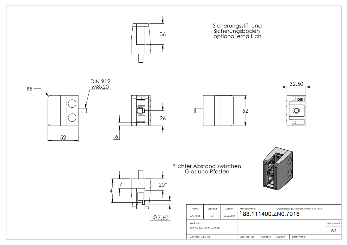 Glasklemme Zinkdruckguss 52 x 52 x 32-5 mm RAL 7016 matt gerade ohne AbZ-88-111400-ZN0.7016
