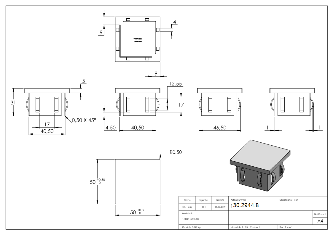 Stahlstopfen flach - fuer Rohr 50x50x2-0-3-0 mm - Stahl S235JR- roh-30-2944.8