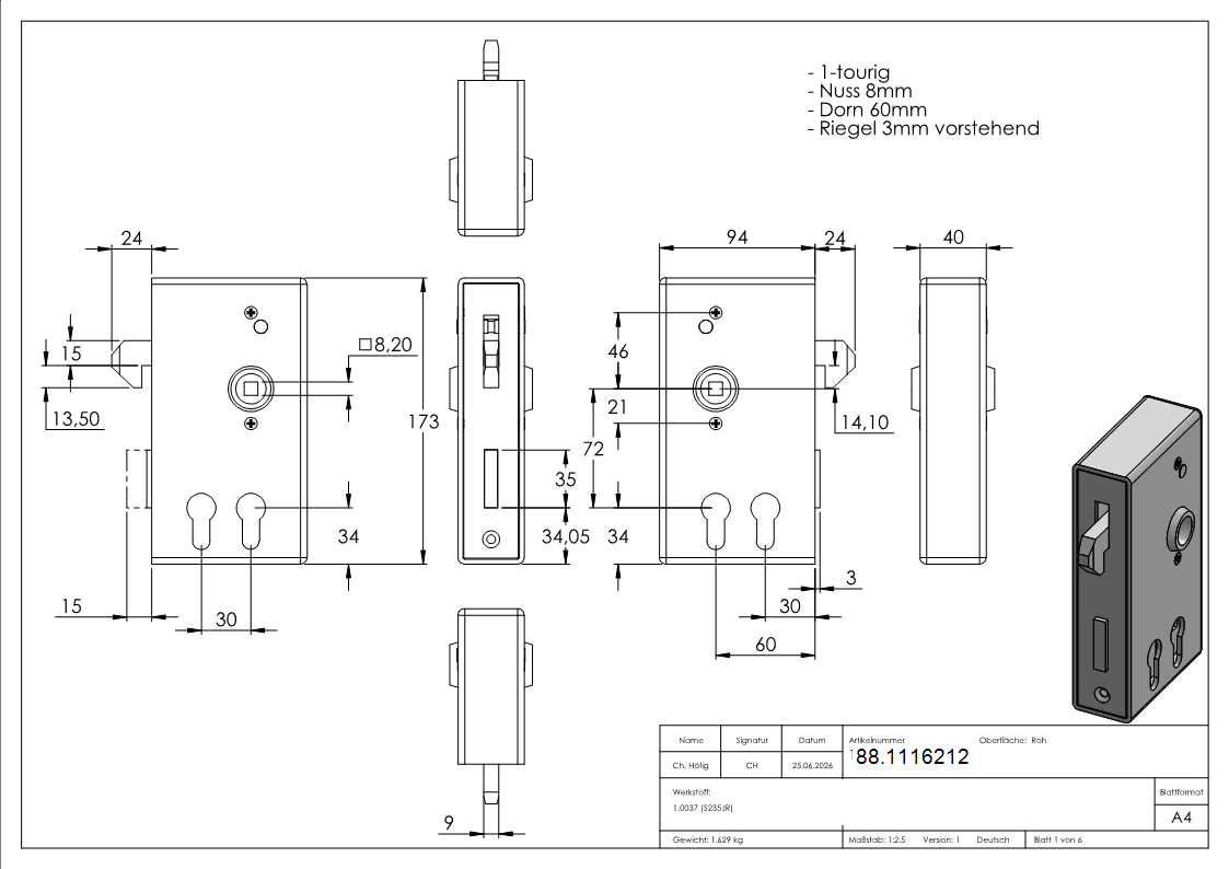 Kastenschloss Stahl verzinkt 40x94-5x173 mm fuer 2 Profilzylinder-88.1116212