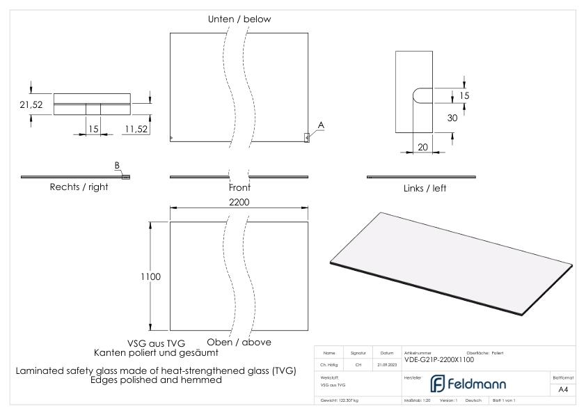 Eleganza canopy Glas- 2200x1200mm VSG aus 2x10mm TVG mit 1-52mm PVB-88-11VDE-G21P.2200X1200