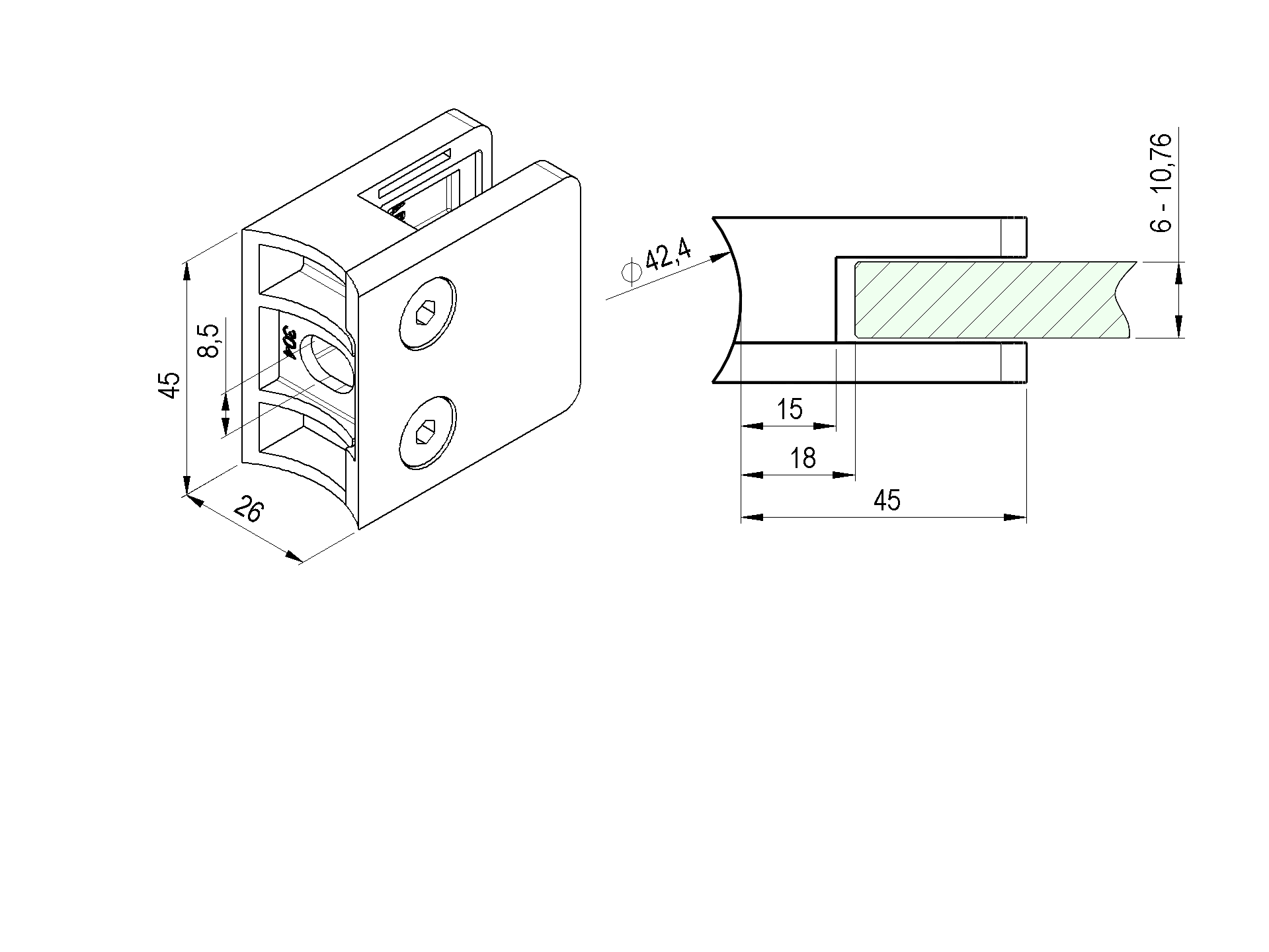 Glashalter V2A fuer Rohr 42-4 mm fuer Glas 6 - 10-76 mm halbrund 4er Set-89-11A2300042SET4-A.4