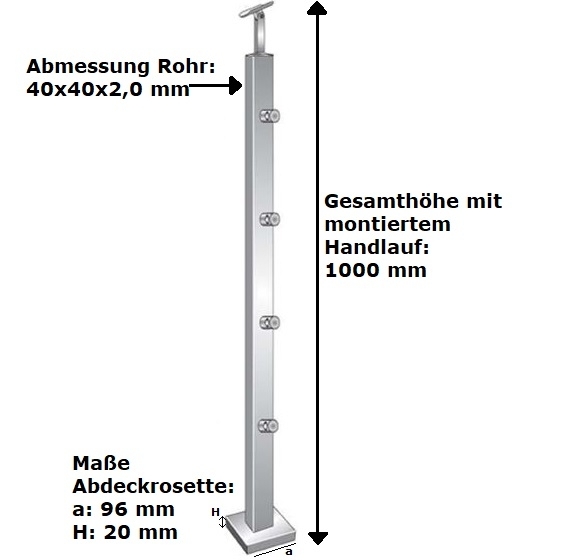 Treppenpfosten Edelstahl AISI 304 900 mm 40x40 mm Oberverankerung fuer Fuellstaebe d12-14-0081ER-A.4