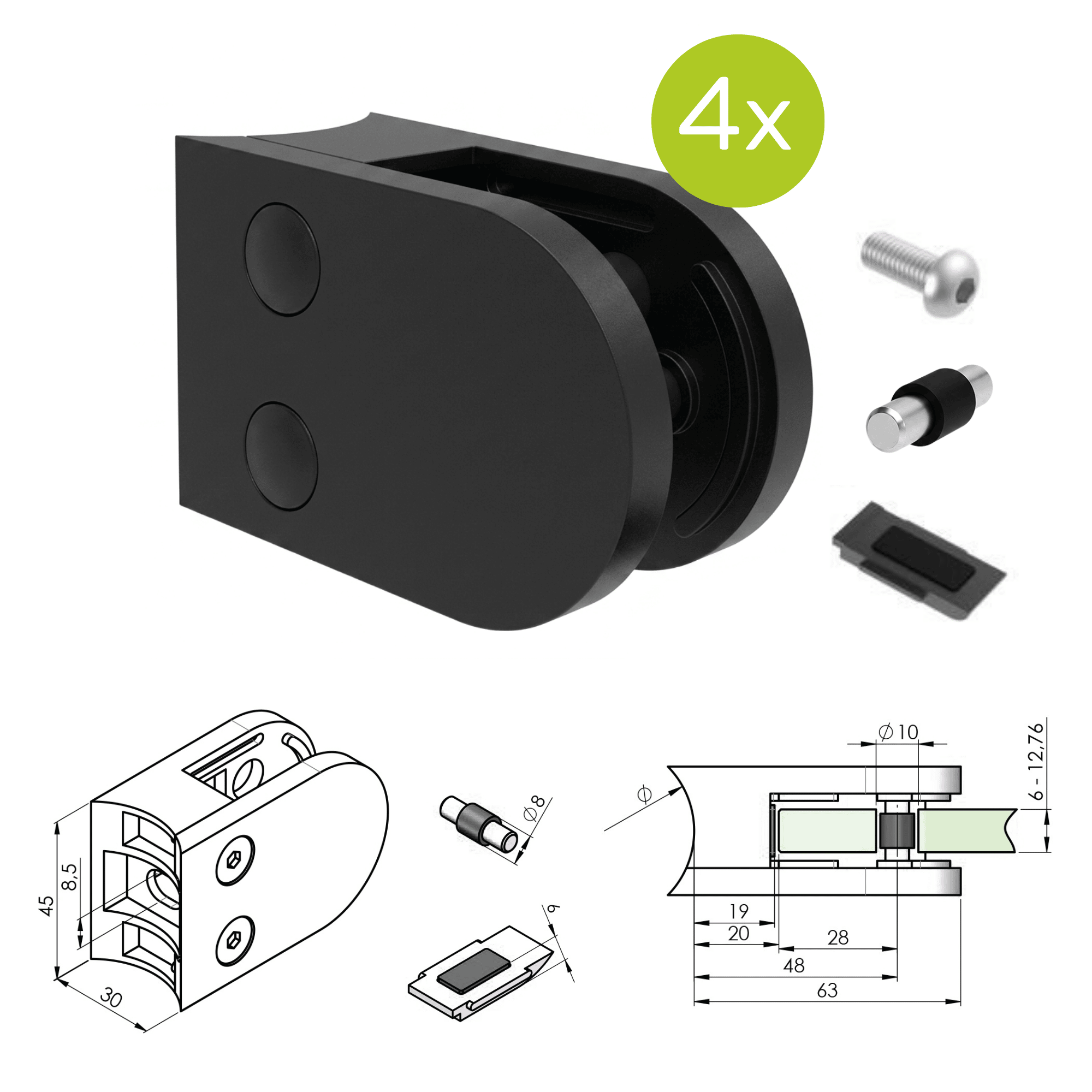 Glashalter V2A fuer Rohr Ø 42-4 mm Schwarz RAL 9004 4er Set-89.ABLACK250P042SET4