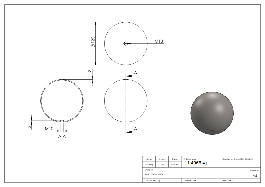 Hohlkugel Ø 120 mm mit Gewinde M10 V2A-11-4066.4