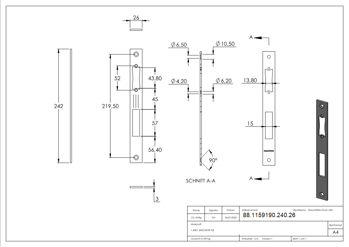 Schliessblech Edelstahl V2A Breite 26 mm geschliffen Korn 240-88-1159190-240.26