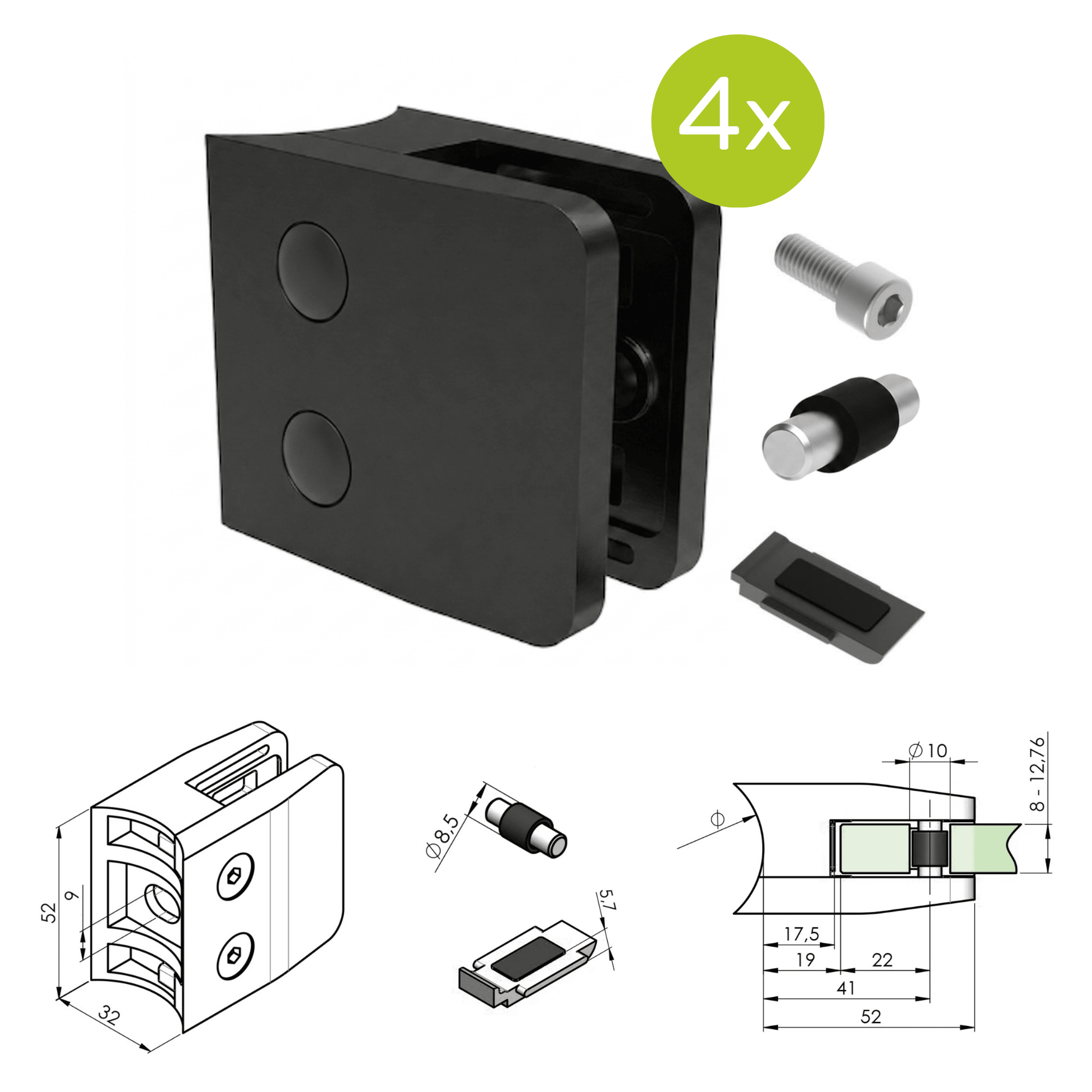 Glasklemme V2A Schwarz fuer Rohr 42-4 mm Glas 8-12-76 mm 4er Set-89-11ABL2600042SET4-A.4