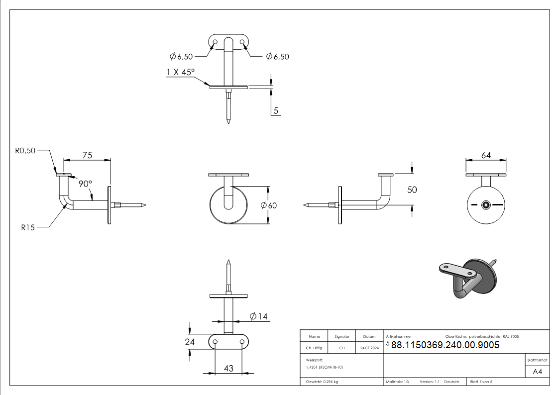 Handlaufhalter mit flacher Platte- -Ronde und Buegel verschweisst- V2A in RAL 9005 beschichtet-88-1150369-240-00.9005