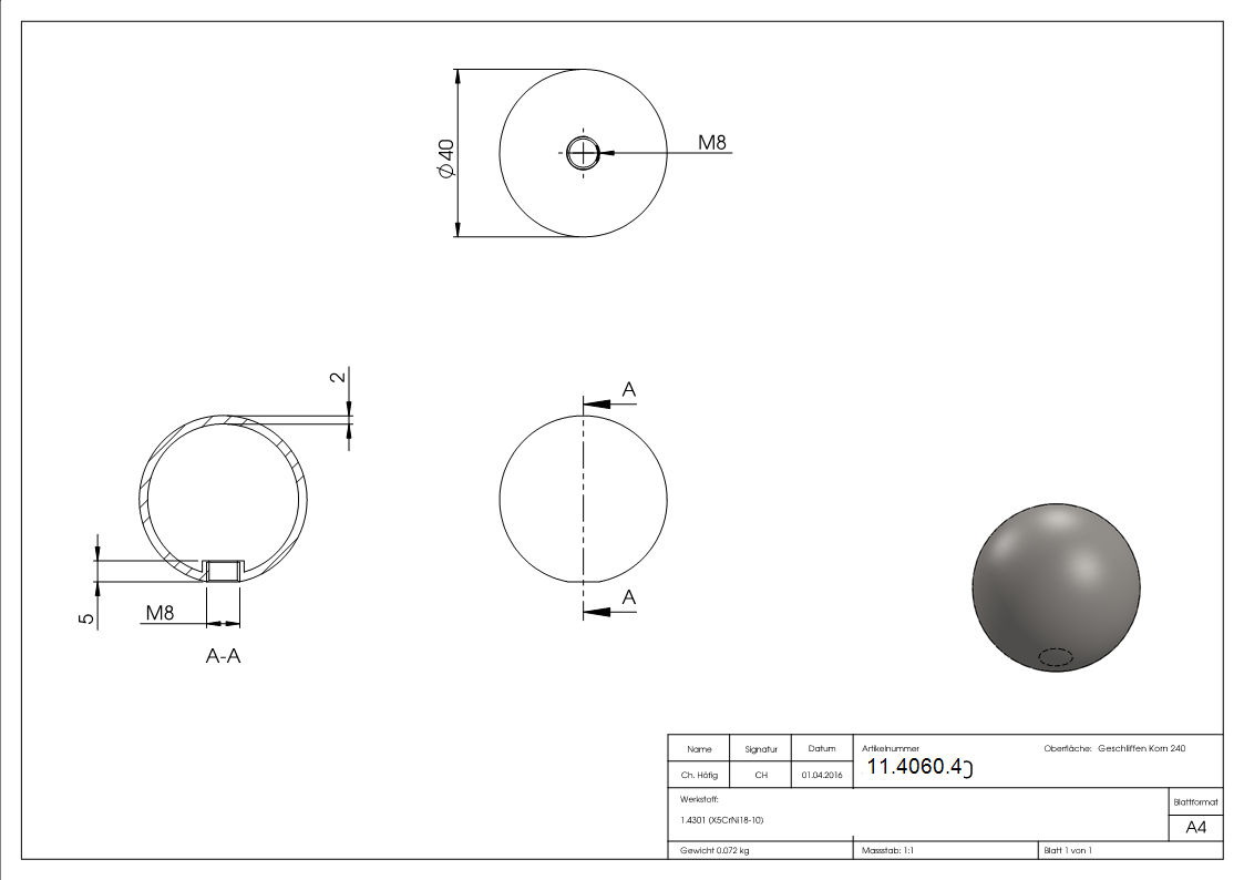 Hohlkugel Ø 40 mm mit Gewinde M8 V2A-11-4060.4