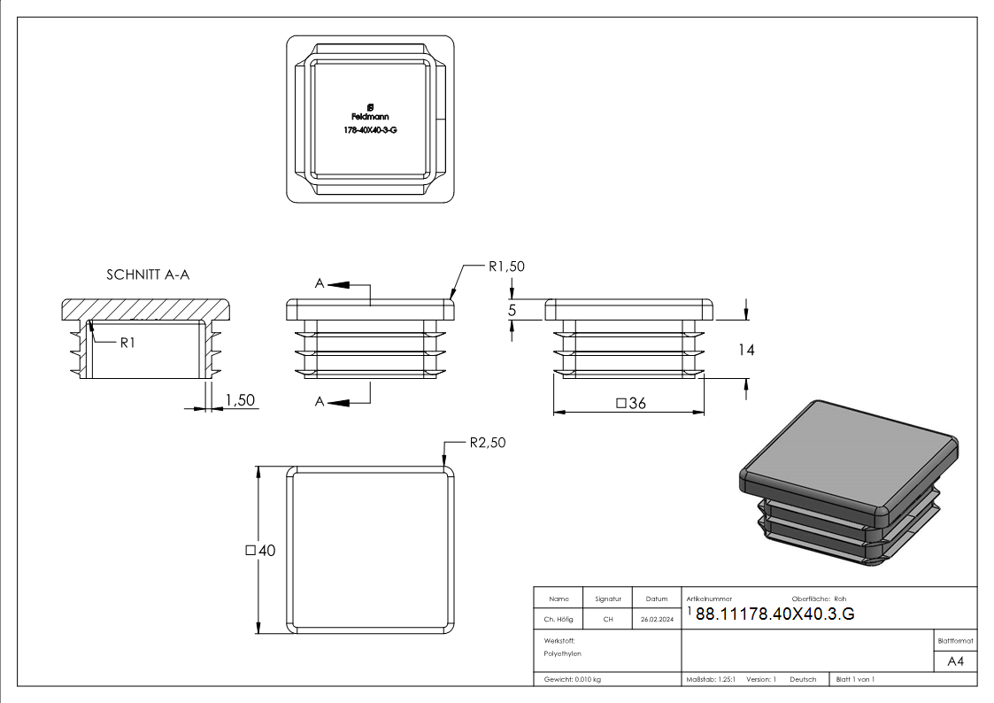 Einsteckkappe Kunststoff fuer Quadratrohr 40 x 40 mm Wandstaerke 3-0 mm grau-88-11178-40X40-3.G