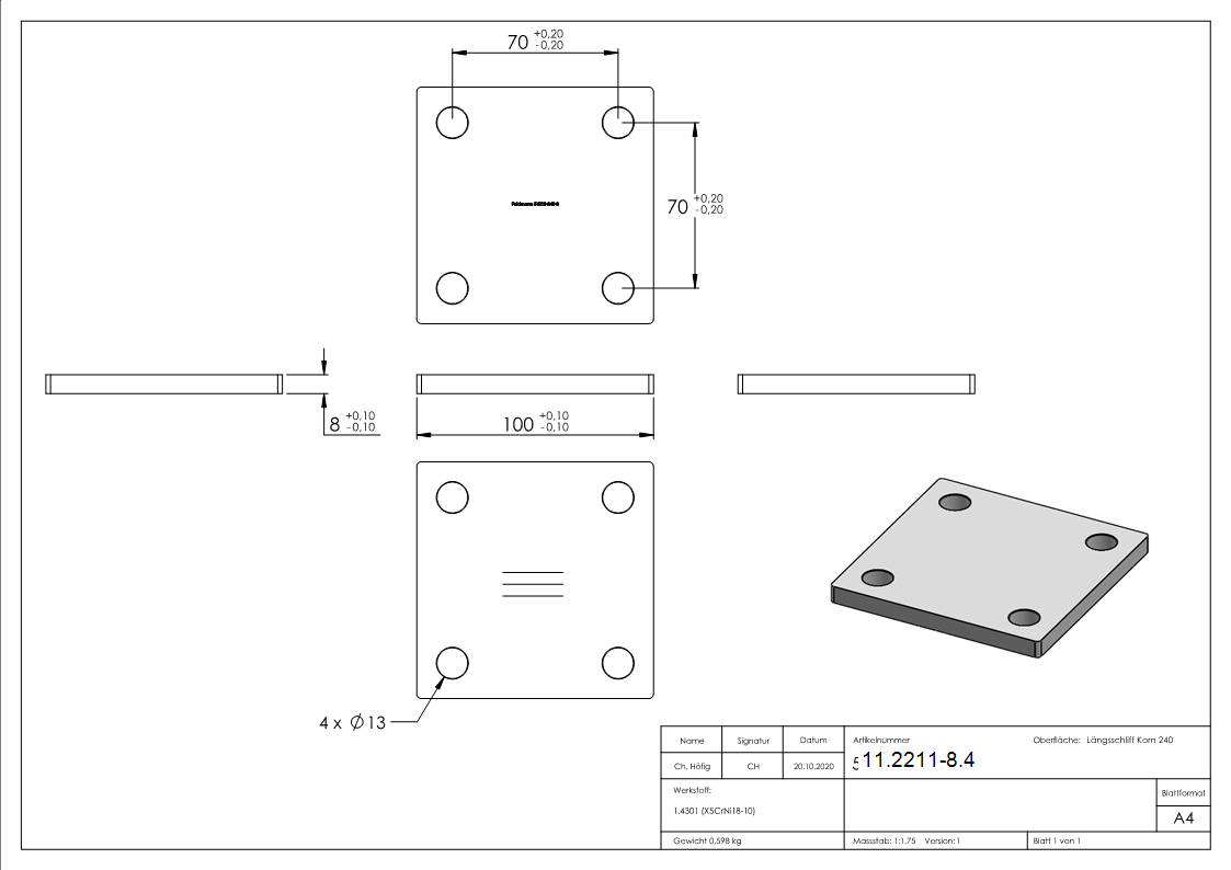 Ankerplatte Masse- 100 x 100 x 8 mm mit 4 Bohrungen á Ø 13 mm V2A-11-2211-8.4