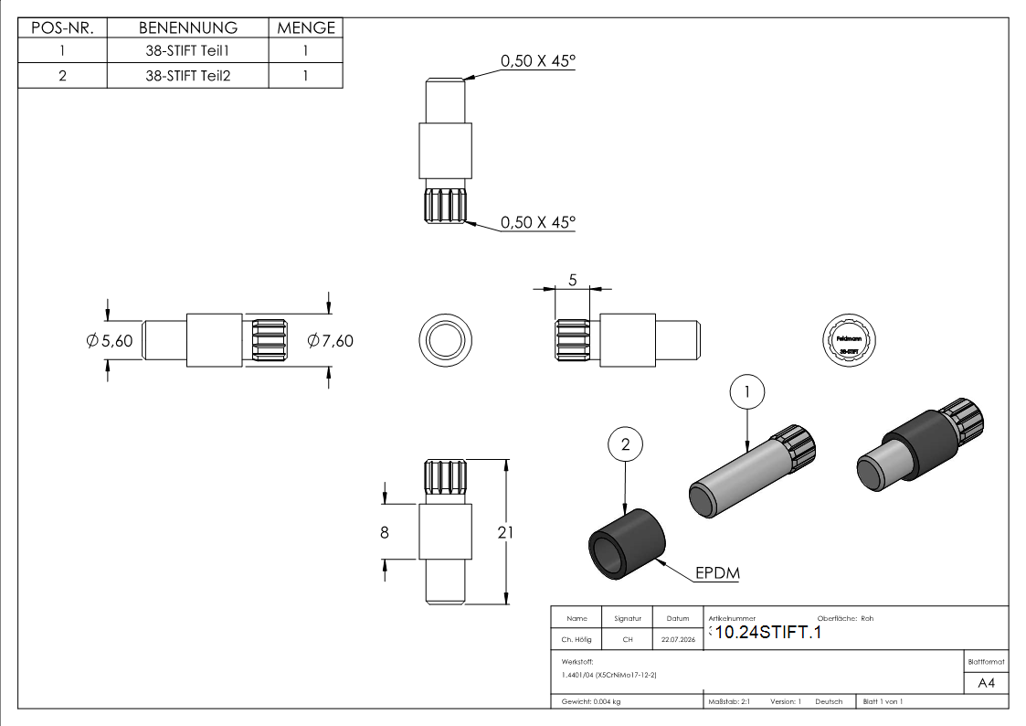 1 Sicherungsstift zu Glasklemme 63x45x30 mm AbZ V4A-10-24STIFT.1