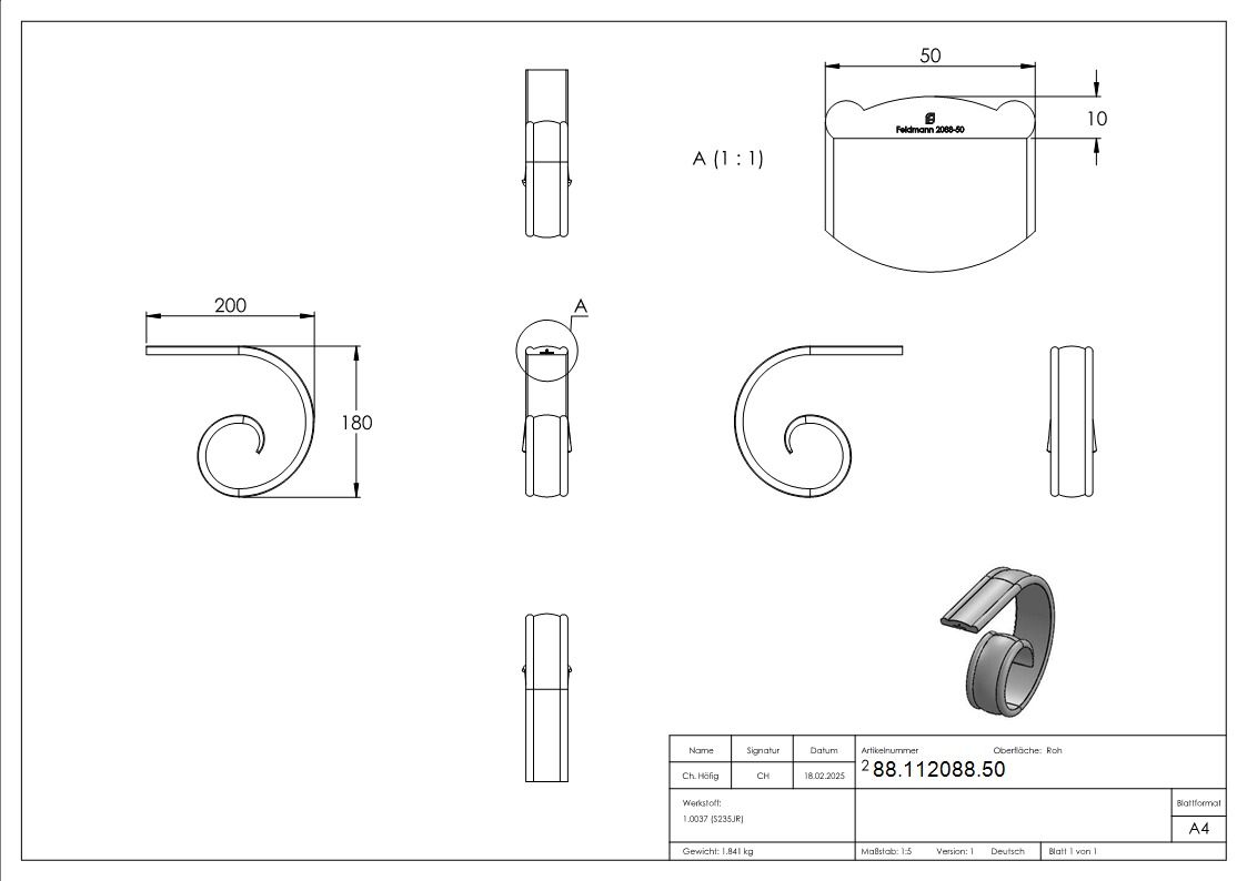 Handlaufanfaenger gerollt Stahl roh 200 x 180 mm passend zu 114-A-6-88-112088.50