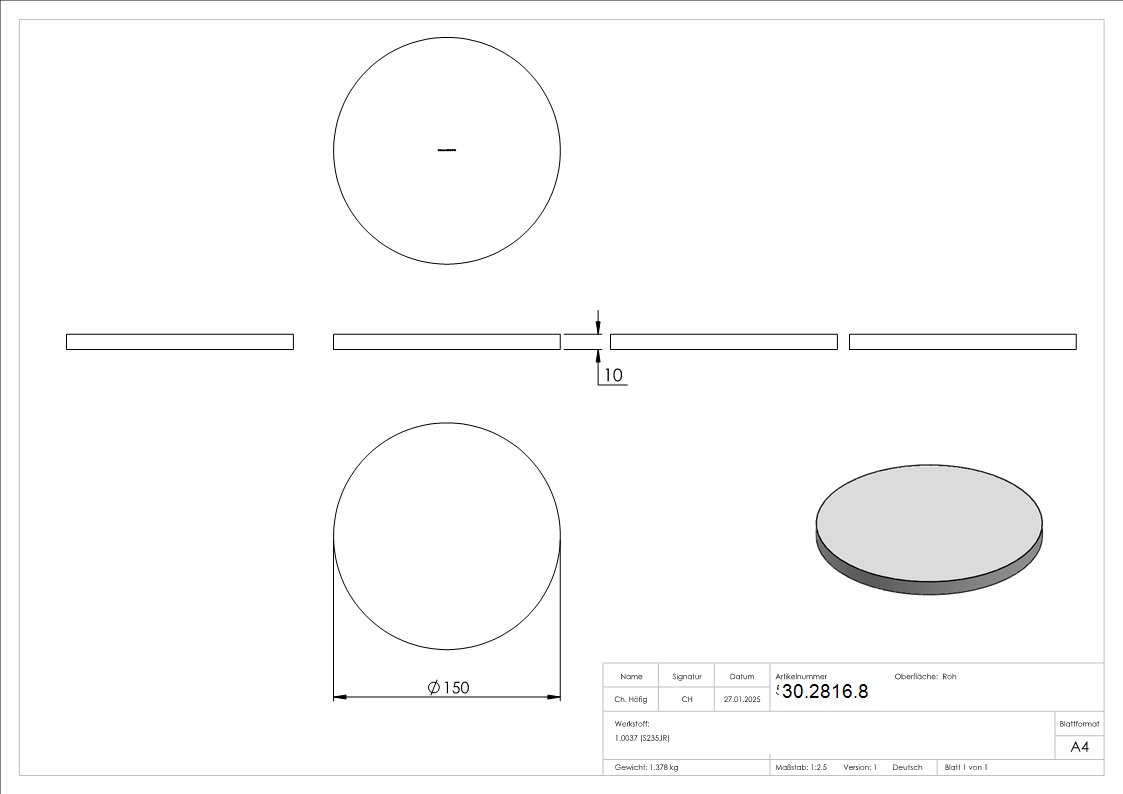 Ronde - Ø 150x10 mm - Stahl S235JR- roh-30-2816.8