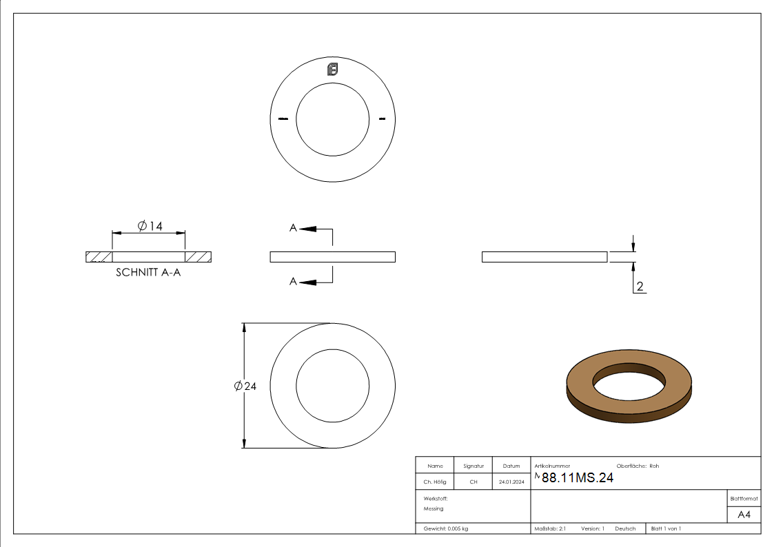 Messingscheibe Ø 24 x 14 x 2-0mm-88-11MS.24