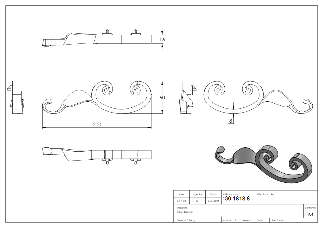 Schwerbarock - rechts - Masse- 60x200 mm - Stahl S235JR- roh-30-1818.8