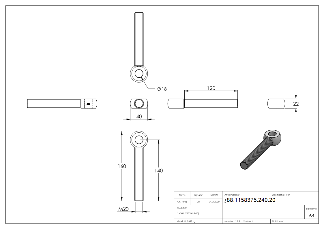 Augenschraube V2A Edelstahl M20x140 mm DIN 444-88-1158375-240.20