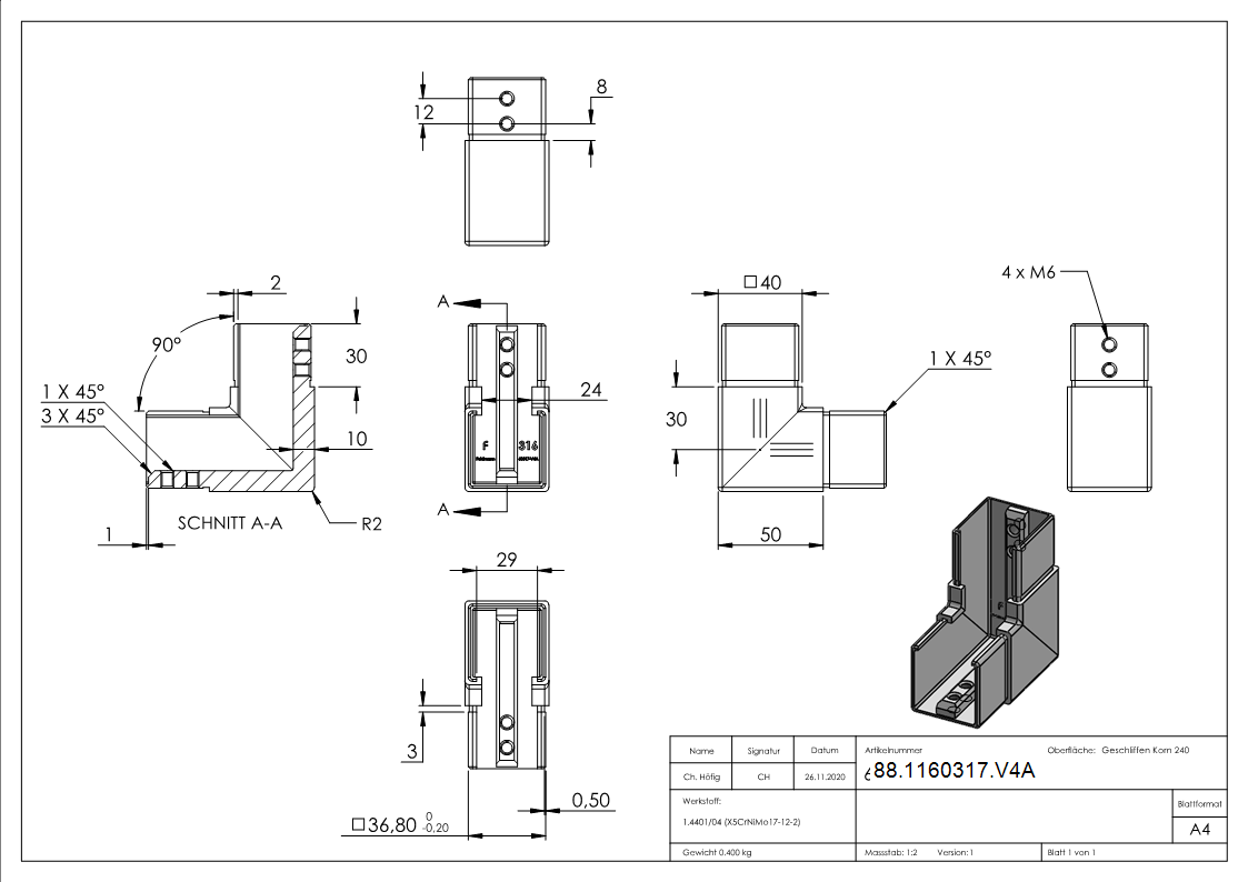 Eckbogen Edelstahl V4A fuer Nutrohr 40 x 40 mm vertikal-88-1160317.V4A