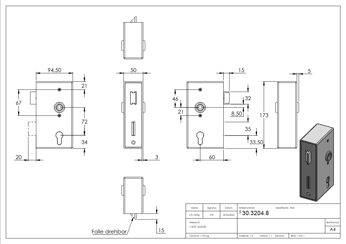 Kastenschloss verzinkt 50x94-5x172 mm geschliffen-30-3204.8