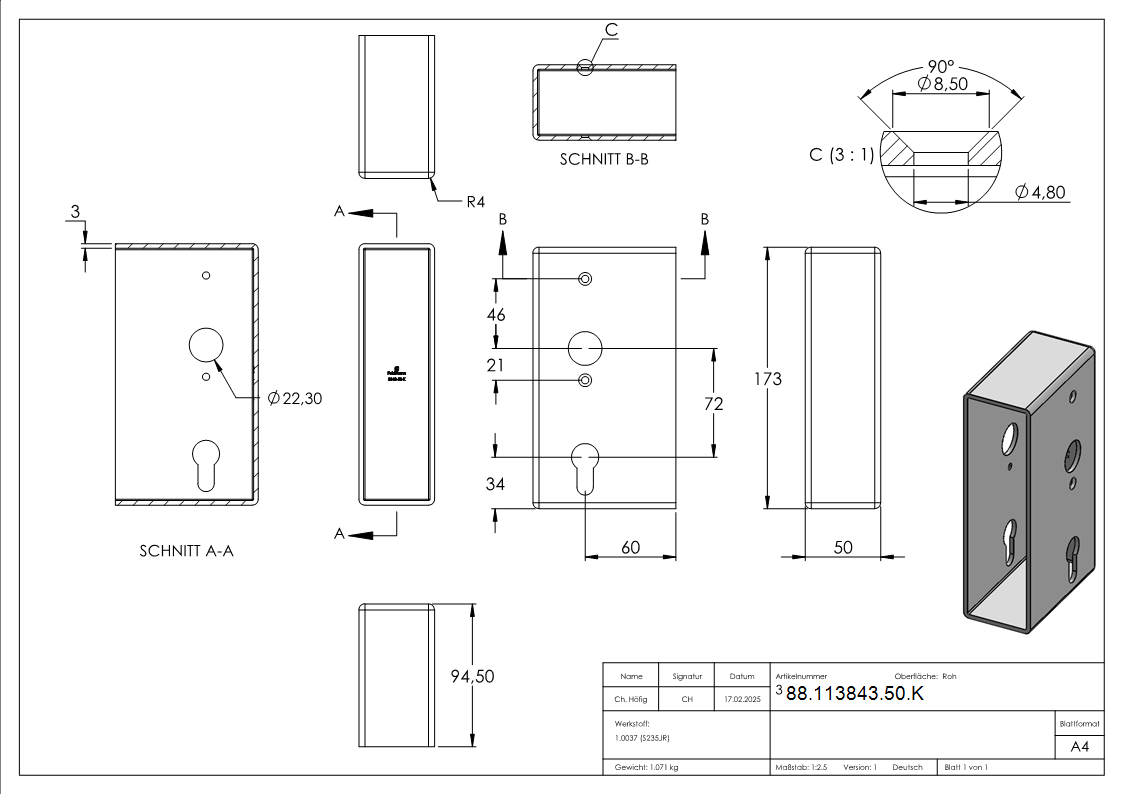 Schlosskasten Stahl 50 x 94-5 x 173 mm roh-88-113843-50.K