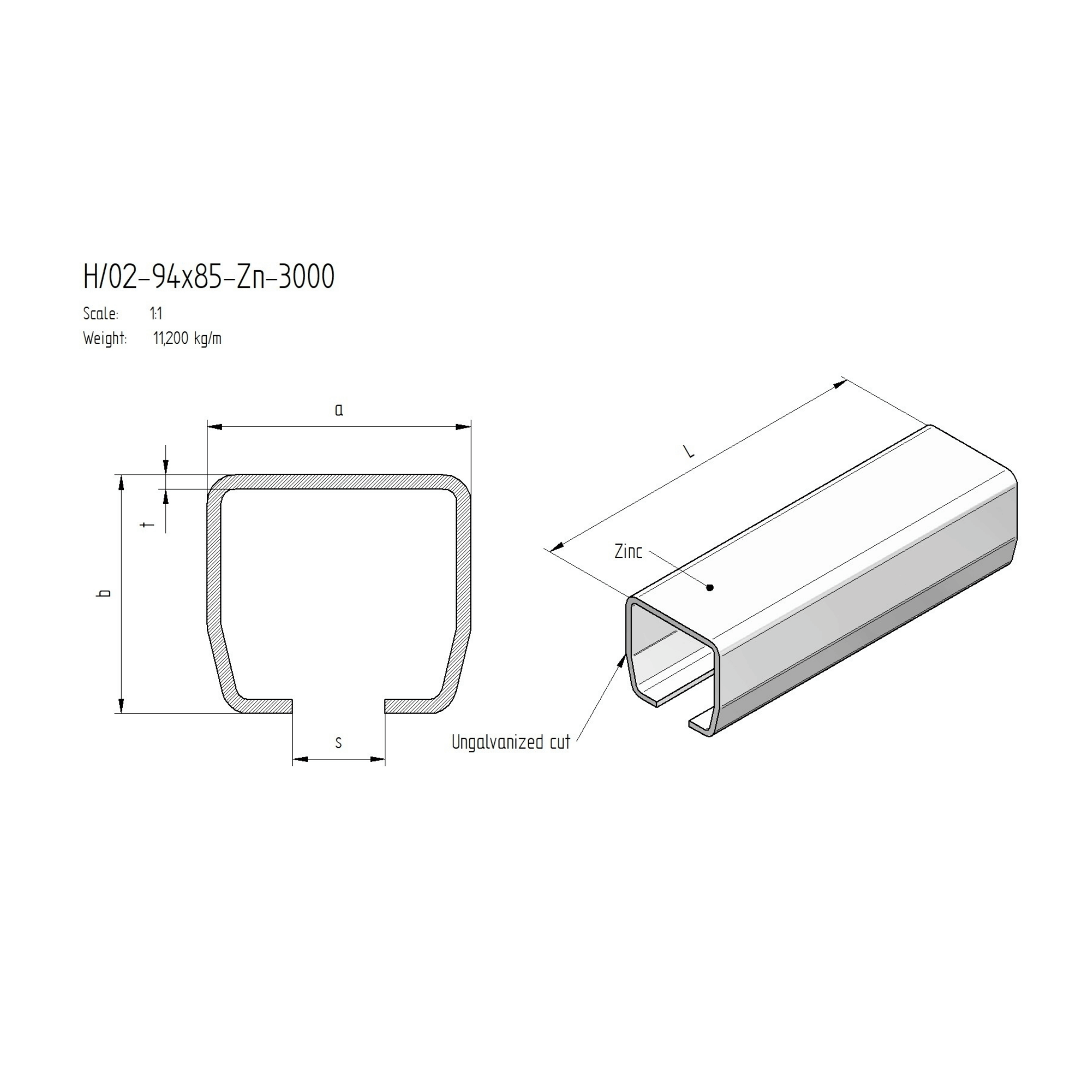 Laufschiene Stahl verzinkt 94 x 85 x 5 mm Omega-Profil L = 3000 mm-89-11H0294X85ZN3000-A.4